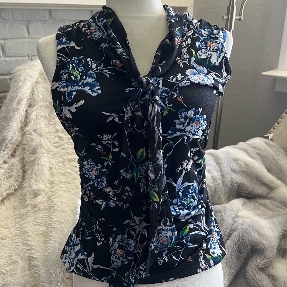 White House Black Market Blue Sleeveless Tie Front Blouse